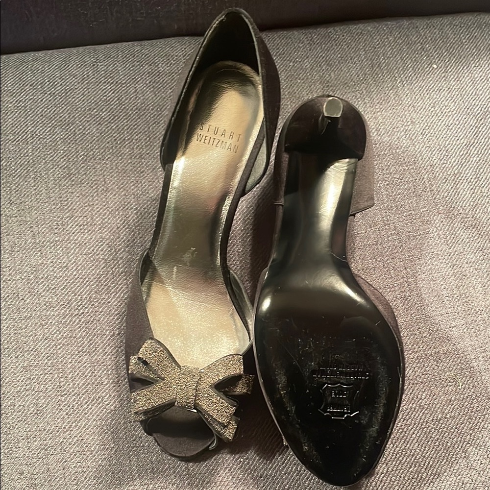 Stuart Weitzman Black and Silver High Heels with Peep-Toe - Picture 4 of 5